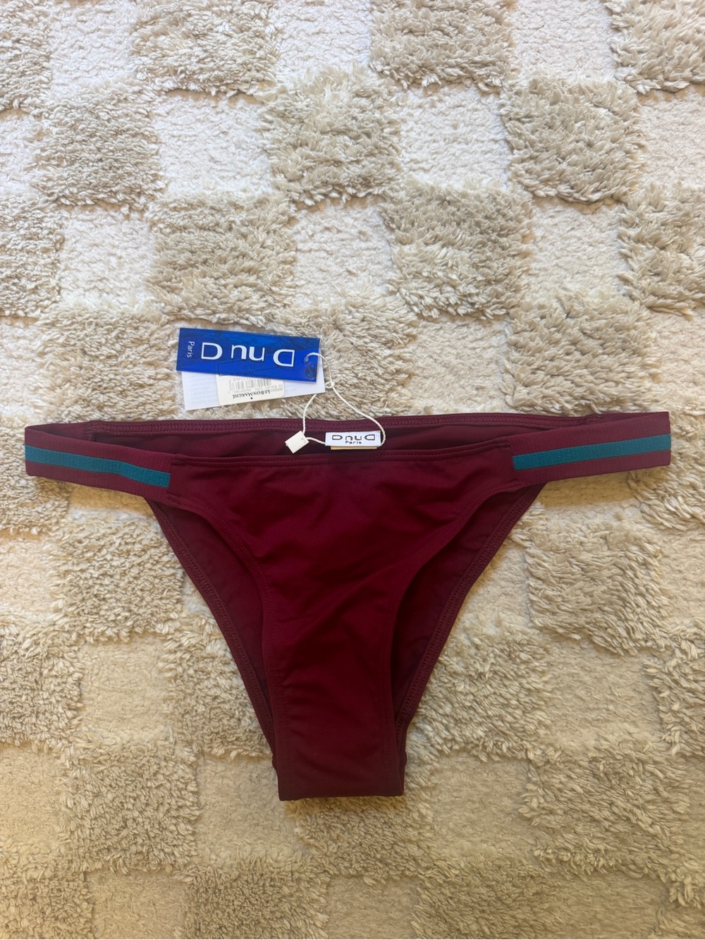 DNUD Paris Designer Bikini Bottom Burgundy with Teal Waistband